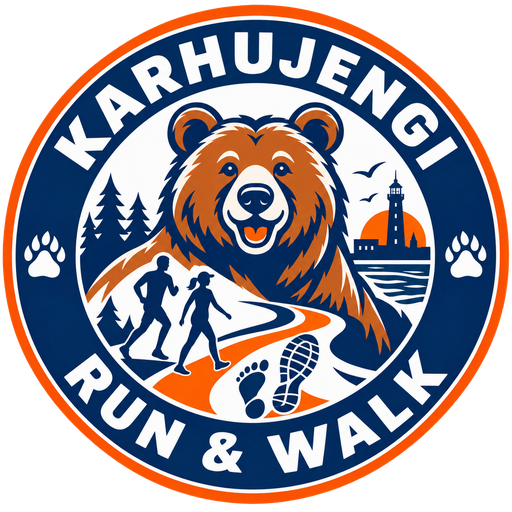 Karhujengi Run & Walk -tunnus: karhu, juoksija ja kävelijä.